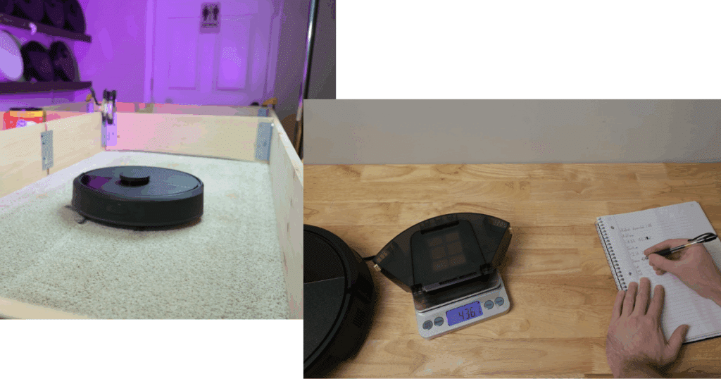 Roomba 105 Vac robot vacuum carpet deep clean test showing 82% sand removal compared to 86% for the Eufy C10 and 75% category average.