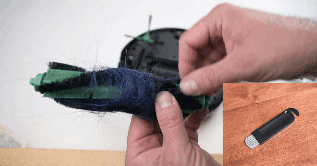 The Roomba 105 Vac had 79% hair wrapped around the main brush versus the average of 38%, and hair is meant to be managed with an included hair removal tool (bottom right)