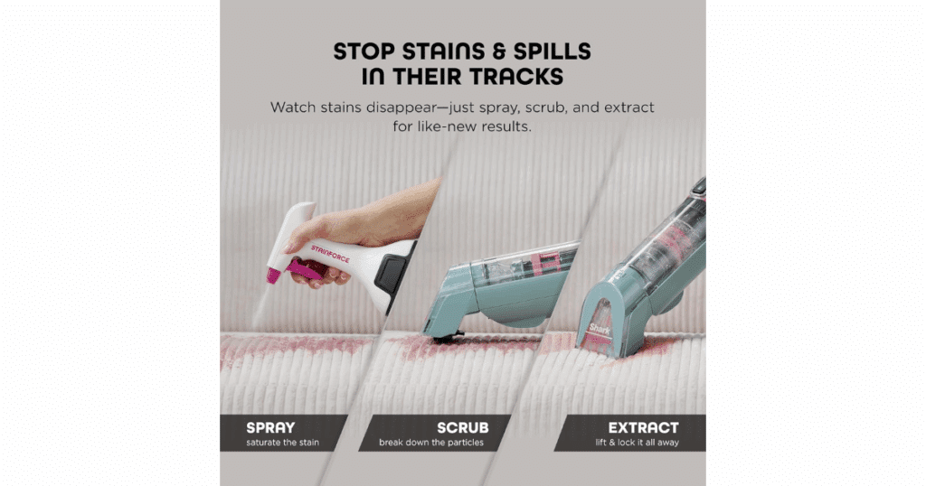 Demonstration of the Shark StainForce stain removal process with spray and extraction method