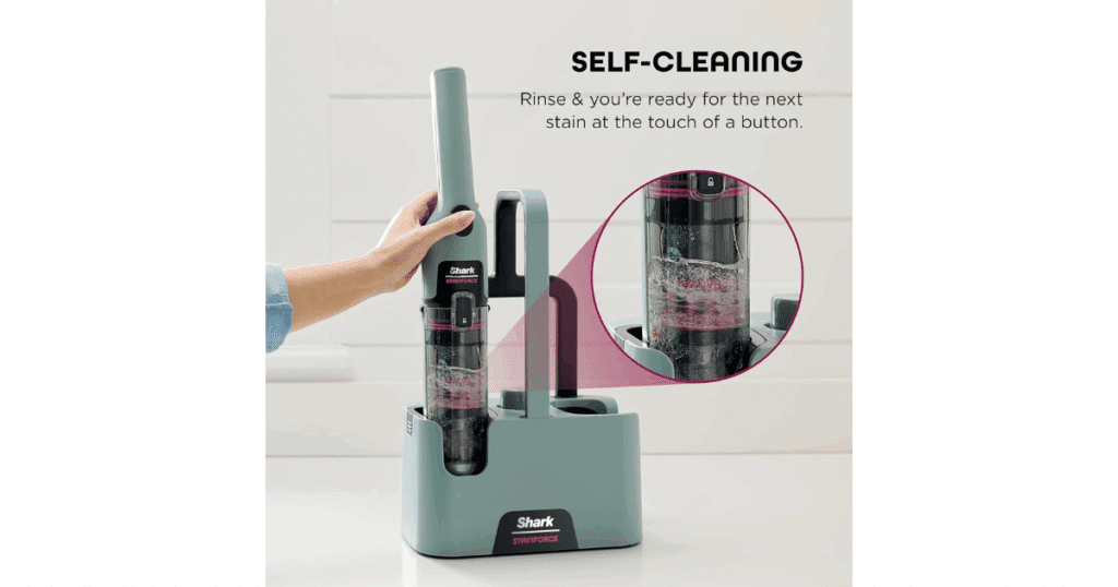 Shark StainForce in its Grab & Go Caddy showing self-cleaning feature.