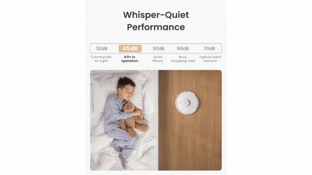 SwitchBot K11+ robot vacuum designed for quiet cleaning with low noise levels.