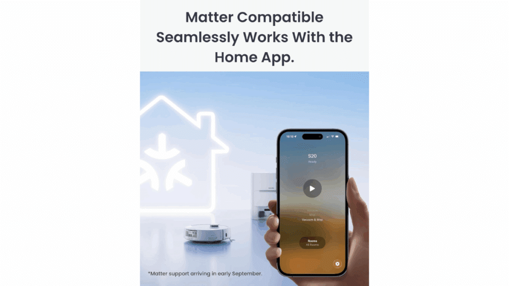 SwitchBot Floor Cleaning Robot S20 and Robot Vacuum K11+ with Matter 1.4 compatibility for Apple Home section cleaning.