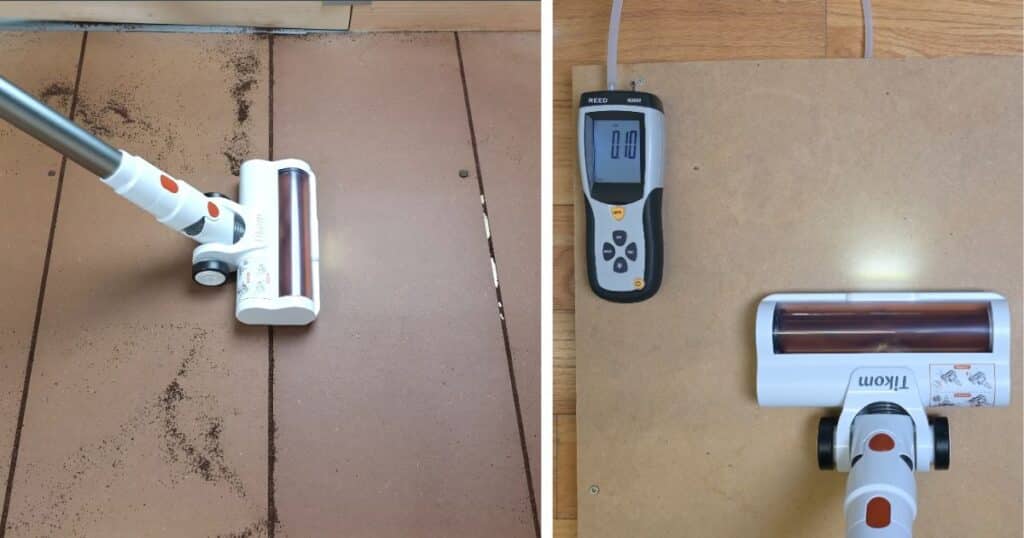 Unsealed suction and crevice pickup test results for the Tikom V500 cordless vacuum, showing 0.22 kPa compared to the 0.58 kPa average, and a crevice pickup score of 2 versus the 2.8 average.