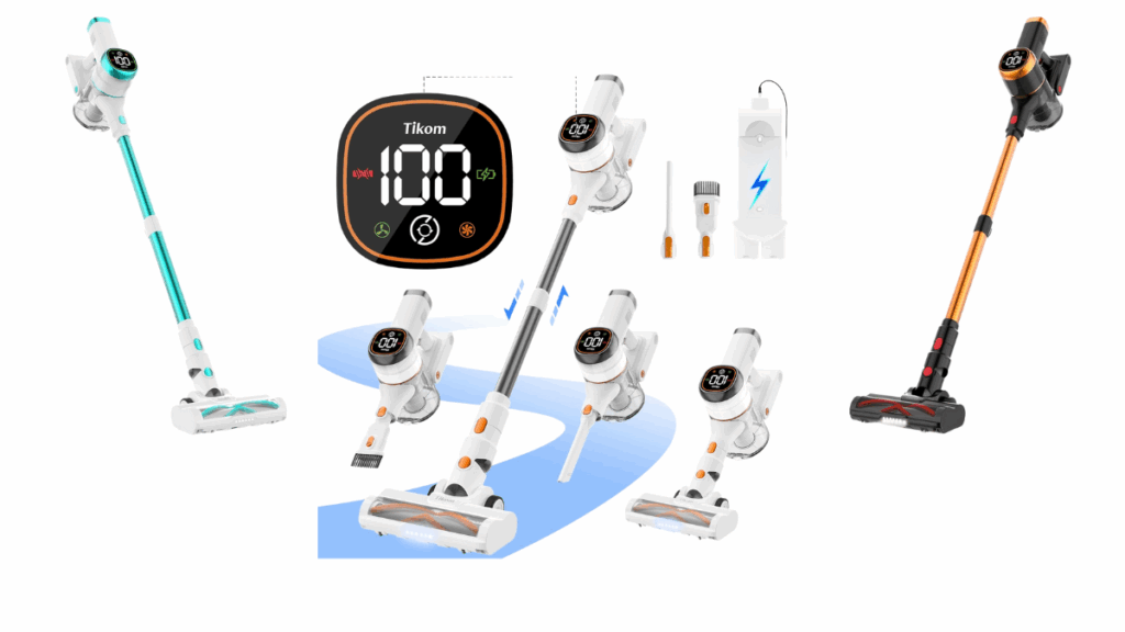 Image showing the Tikom V500 cordless vacuum in three color variations: orange and white, blue and white, and black and gold. The vacuums are displayed with their LED screen, attachments, and accessories.