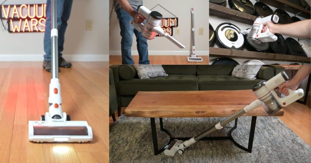 Tikom V500 cordless stick vacuum shown in multiple configurations, including full stick mode and above-floor cleaning with attachments.