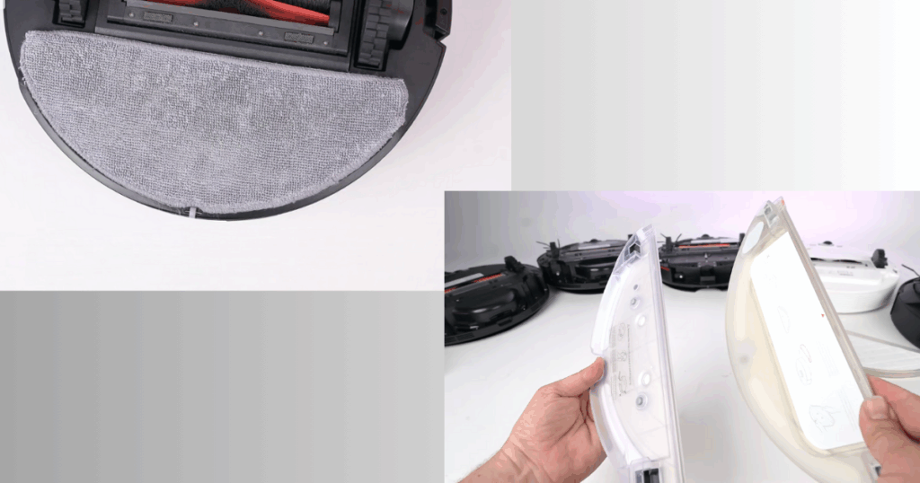 Close-up of a microfiber drag pad on a basic robot mop and another close up of electric water tanks