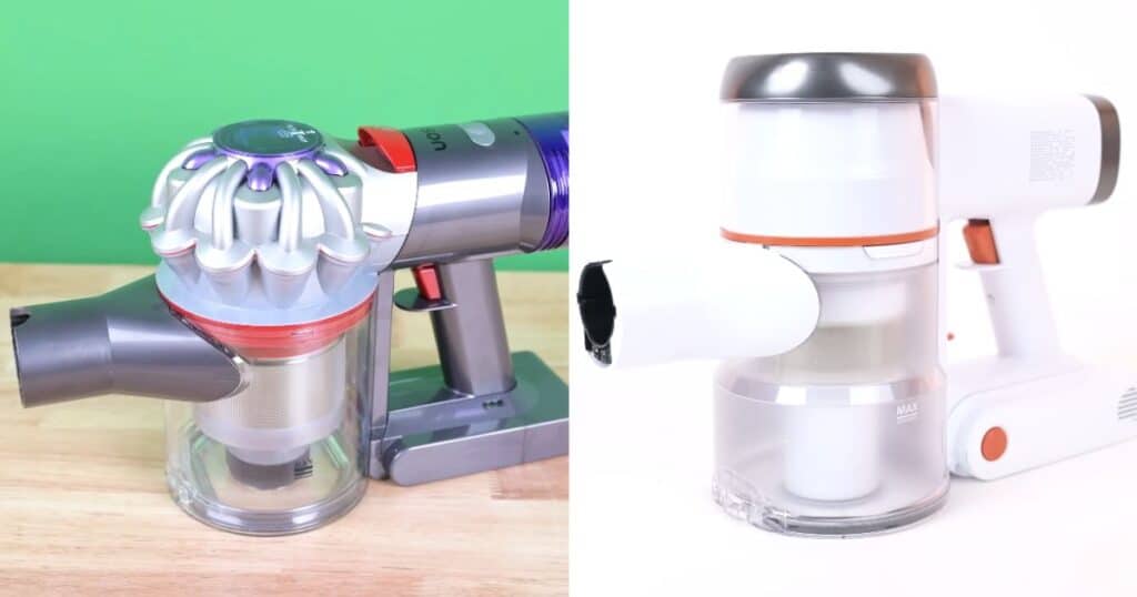 Close-up of the Tikom V500 cordless vacuum and Dyson V8 style handle design, which provides good balance and center of gravity.