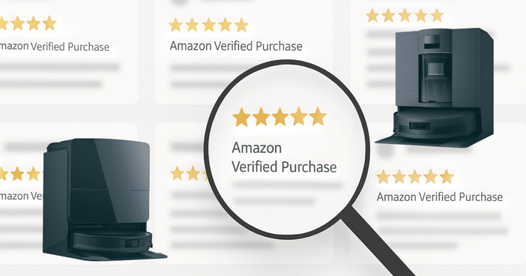 Magnifying glass highlighting Amazon “Verified Purchase” reviews with five-star ratings, symbolizing investigation into review authenticity.