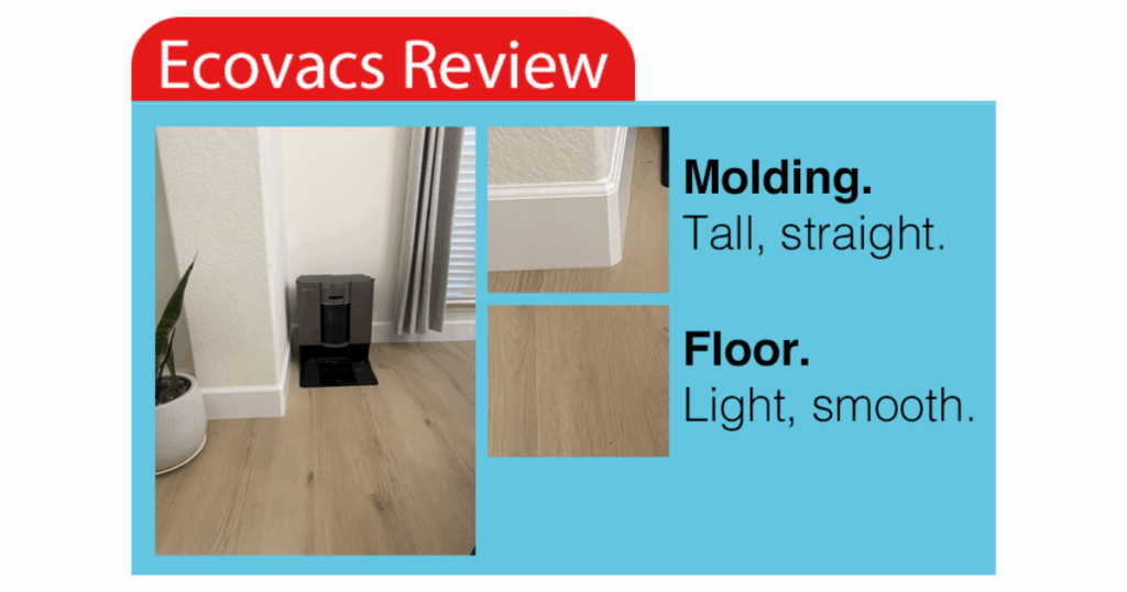 A side-by-side comparison showing the same flooring, molding, and wall color appearing in multiple review videos from the same user.