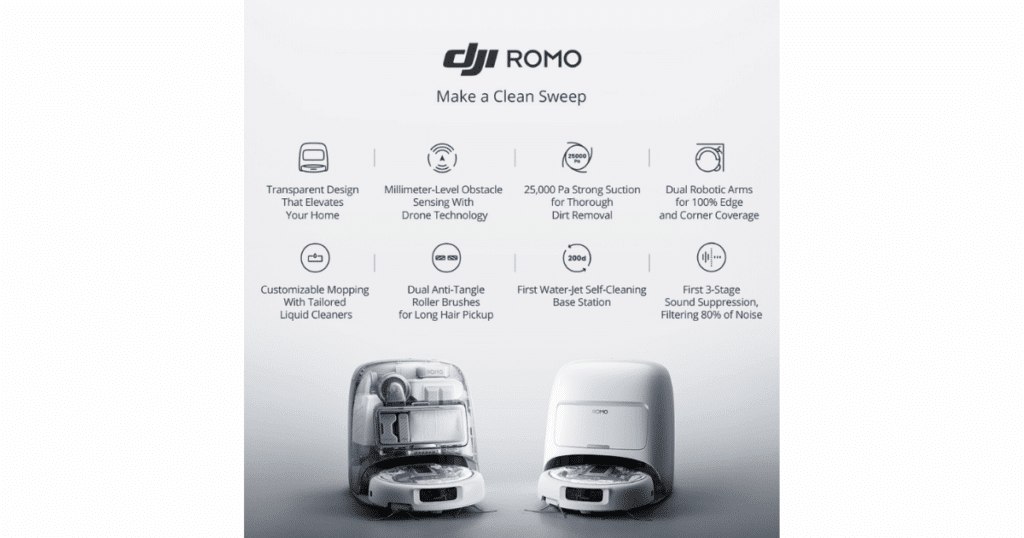 DJI Romo robot vacuum lineup showing transparent design, dual robotic arms, 25,000 Pa suction power, millimeter-level obstacle sensing, and a self-cleaning base station.