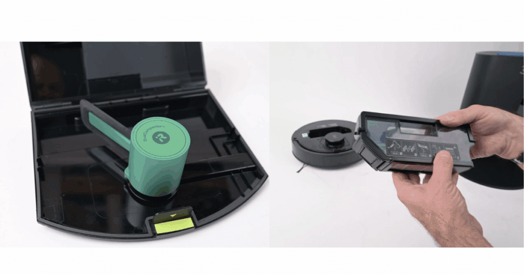 A Roomba 205 vac compressing dustbin pictured next to a regular robot dustbin