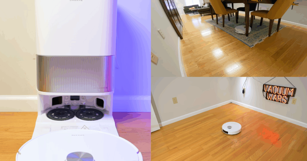 Dreame L40s Ultra robot vacuum docked at its base with mop pads detached, showing the magnetic mop pad storage system used to keep carpets dry.
