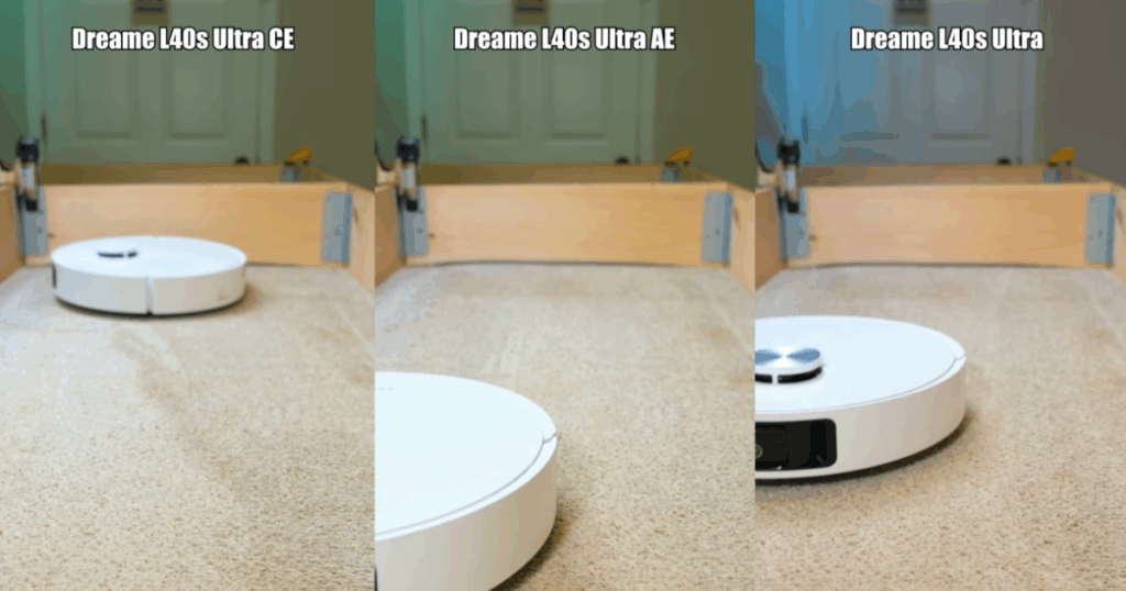 Dreame L40s Ultra, L40s Ultra AE, and L40s Ultra CE robot vacuums during carpet deep clean testing, showing above-average removal of embedded sand and debris.