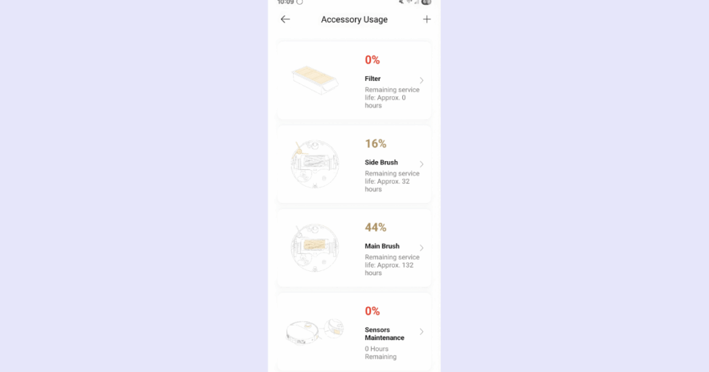The Dreame app alerting me that I need to replace accessories, with filters and sensor maintenance at 0%, and the brushes at 16% and 44%