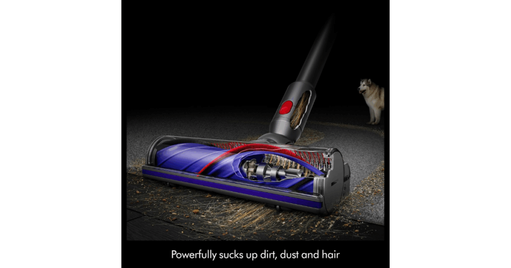 Dyson V9 Motorbar cleaner head with de-tangling technology automatically adjusting suction across multiple floor types.