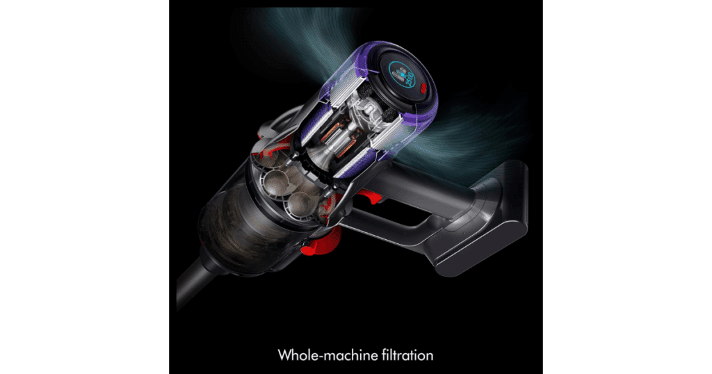 Dyson V9 Motorbar cordless vacuum with whole-machine filtration and point-and-shoot bin system for hygienic, contact-free emptying.