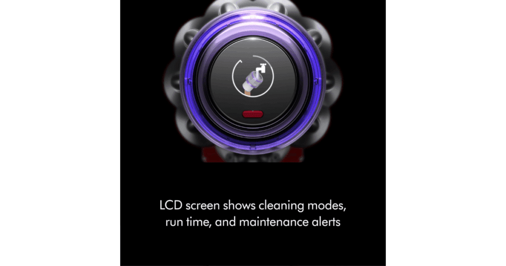 Dyson V9 Motorbar LCD display showing runtime, power mode, and maintenance alerts with included attachments for various cleaning tasks.