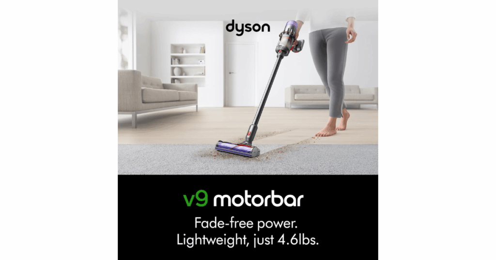Dyson V9 Motorbar cordless vacuum shown in use on carpet, highlighting lightweight 4.6-pound design and 40-minute fade-free suction.