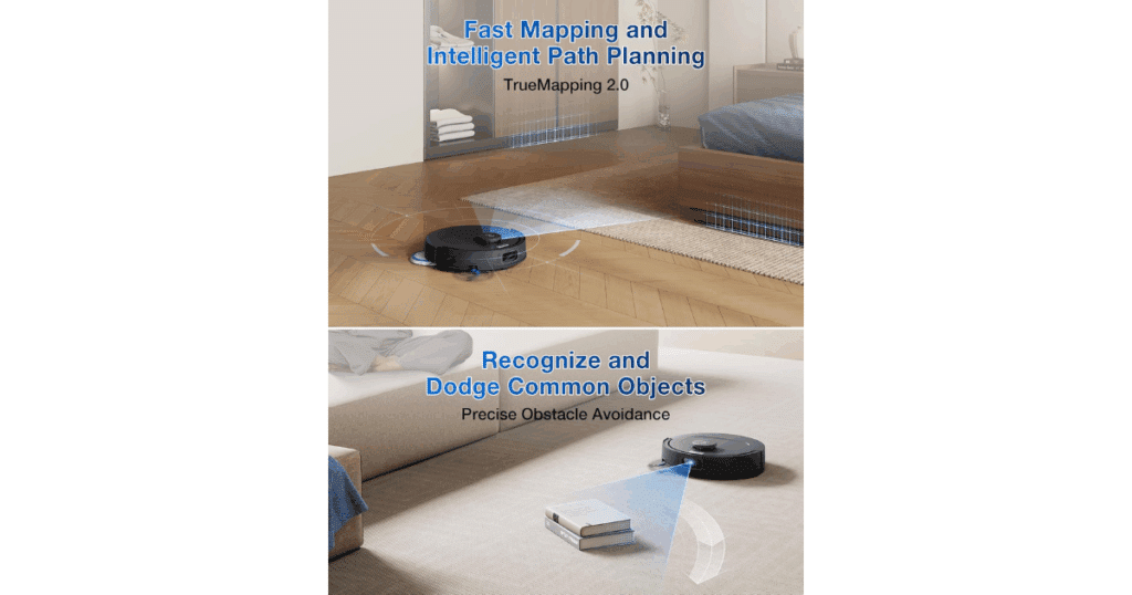 Ecovacs DEEBOT T30C using TrueMapping 2.0 for room mapping and obstacle detection during cleaning.