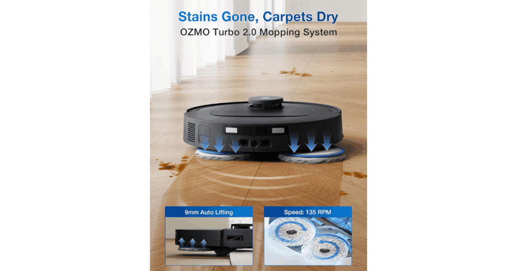 Ecovacs DEEBOT T30C robot vacuum mopping a hardwood floor using the OZMO Turbo 2.0 system, with dual spinning pads that lift automatically and rotate at 135 RPM for thorough cleaning.