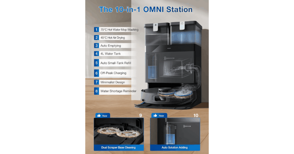 Ecovacs DEEBOT T30C 10-in-1 OMNI Station showing hot water mop washing, hot air drying, auto emptying, and new dual scraper and auto-solution features.