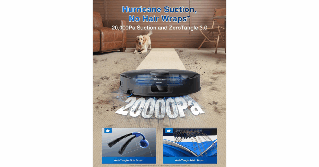 Ecovacs DEEBOT T30C robot vacuum demonstrating 20,000 Pa suction power with ZeroTangle 3.0 technology, featuring anti-tangle main and side brushes designed to prevent hair wraps.
