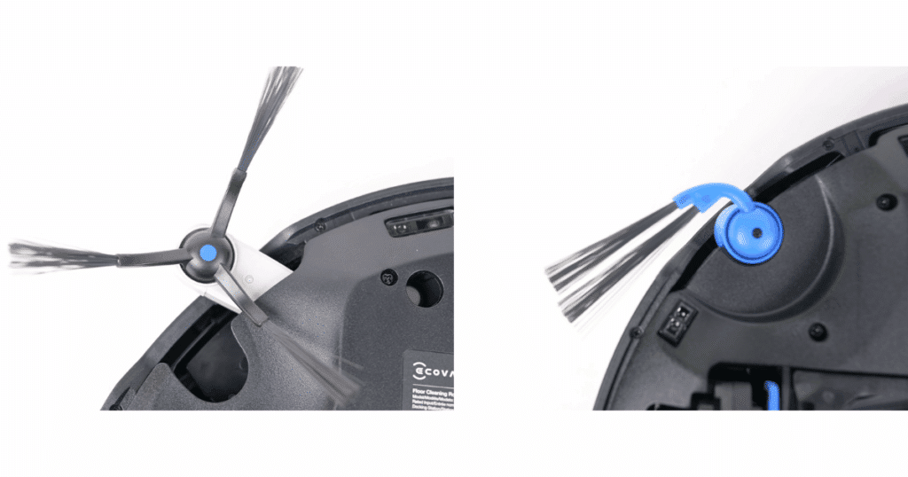 Close up of extending and fixed side brushes on Ecovacs Deebot T50 Max Pro Omni (left) and Deebot X11 models. Side brushes can collect hair around their bases, and you should check them once a week for wrapped hair.
