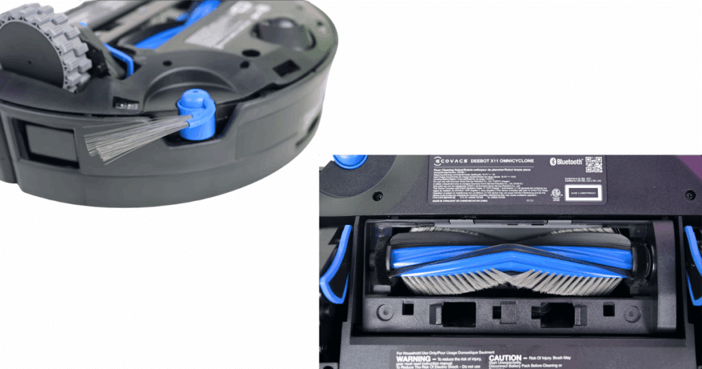 View of the Ecovacs Deebot X11 OmniCyclone single side brush and single main brush