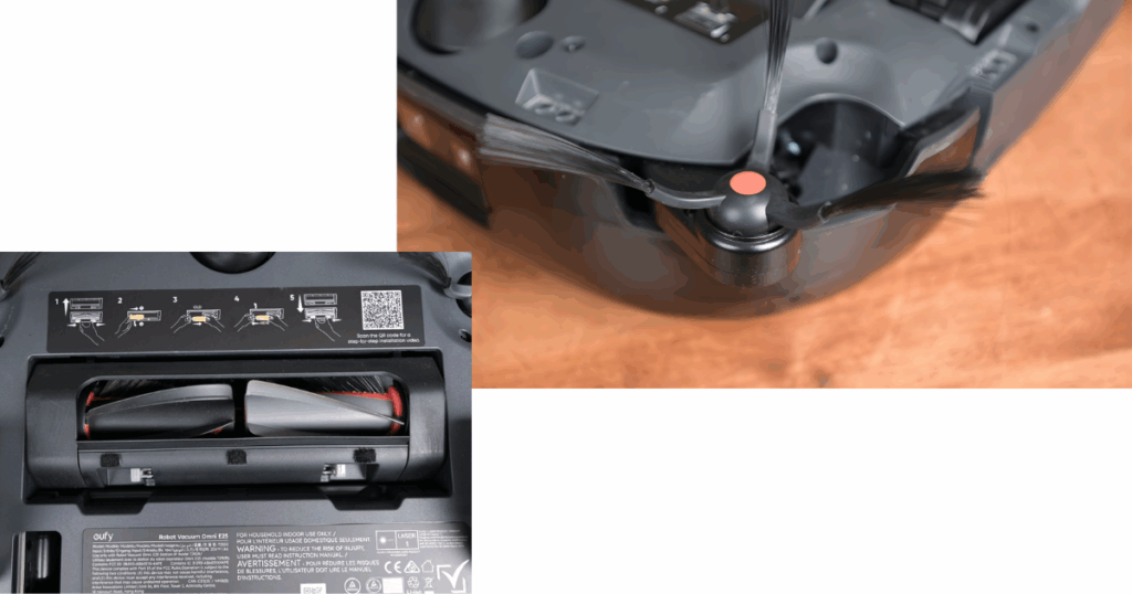 Close-up view of Eufy Omni E25 underside, showcasing the DuoSpiral anti-tangle main brush and dual side brushes, including an extended brush designed to reach deep into corners for more effective cleaning