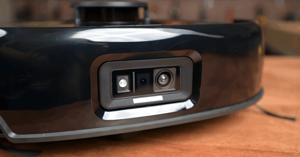 A closeup of the RGB camera and LED light that work together to give the Eufy E25 its obstacle avoidance