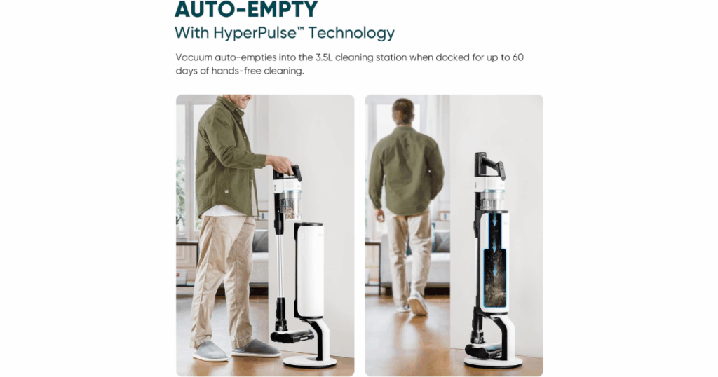 Levoit Aero cordless stick vacuum automatically emptying into its base station using HyperPulse technology.