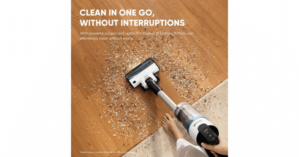 Levoit Aero cordless vacuum cleaning hardwood floors, showing extended battery life and strong suction.