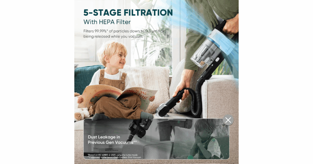 Levoit Aero cordless vacuum using a 5-stage HEPA filtration system to capture dust and allergens while cleaning.