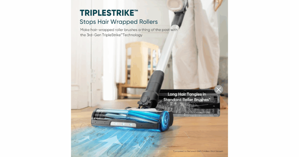 Levoit Aero cordless vacuum equipped with TripleStrike anti-tangle brush technology to prevent hair wrap.