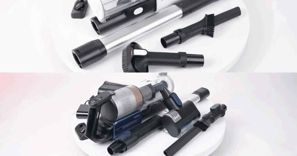 Levoit LVAC-200 and LVAC-300 vacuum attachments side by side, showing the LVAC-300 with a motorized upholstery tool and the LVAC-200 with standard non-motorized accessories.