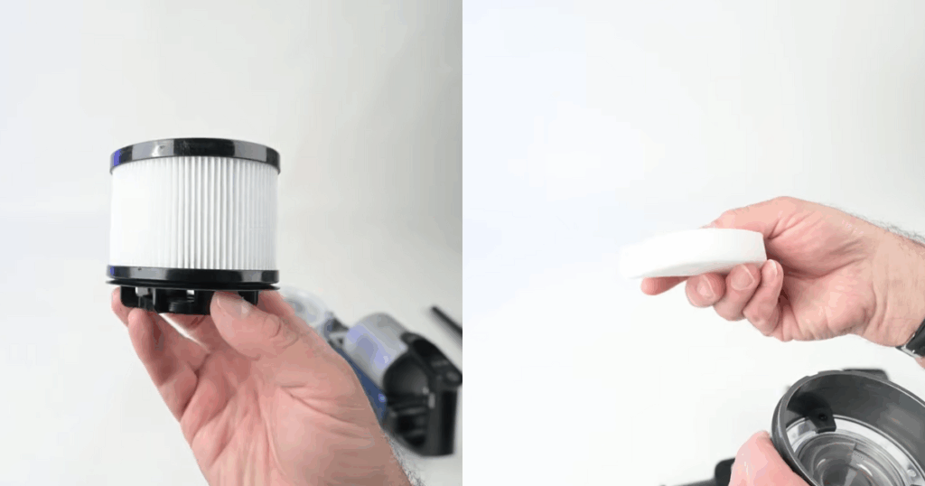 Close-up of Levoit LVAC-200 and LVAC-300 vacuum filters, showing HEPA-style and foam filter components. Both models performed well in filtration tests, with the LVAC-200 slightly outperforming the LVAC-300 in fog containment.