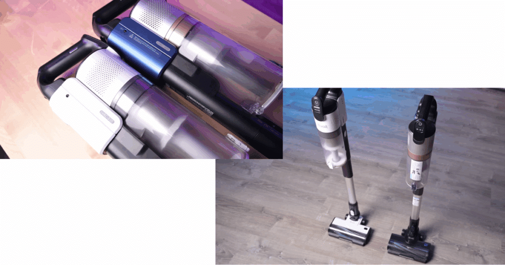 Levoit LVAC-200 and LVAC-300 cordless stick vacuums side by side, showing their handle design, dustbin size, and color differences.