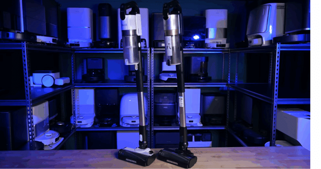 Levoit LVAC-200 and LVAC-300 cordless stick vacuums side by side on a test bench during Vacuum Wars comparison review