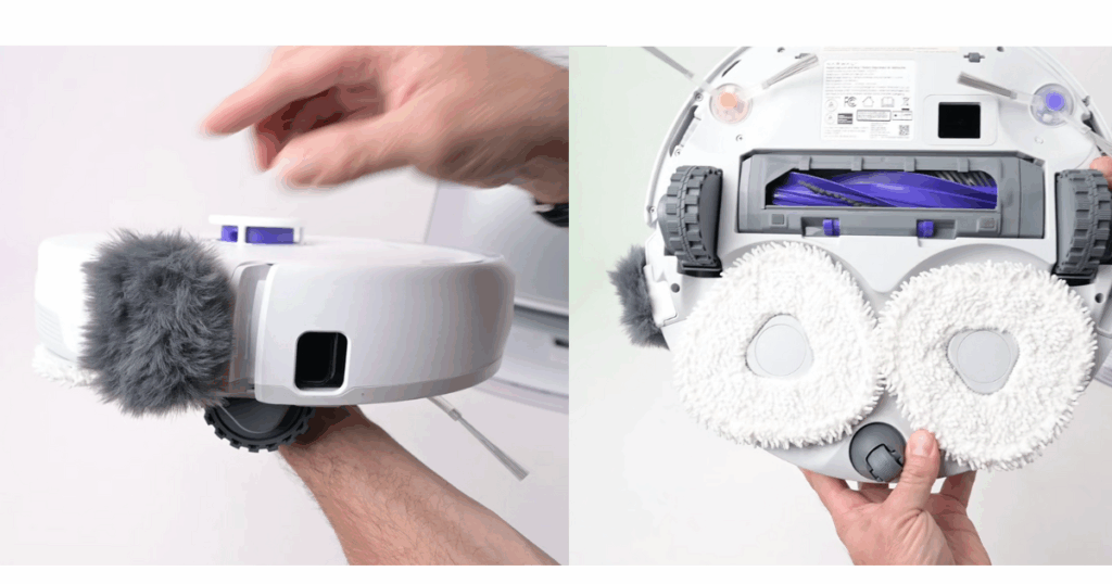 Underside view of Narwal Freo Z Ultra showing dual triangular mop pads, Zero-Tangle brush roller, and soft dusting side module for baseboard cleaning