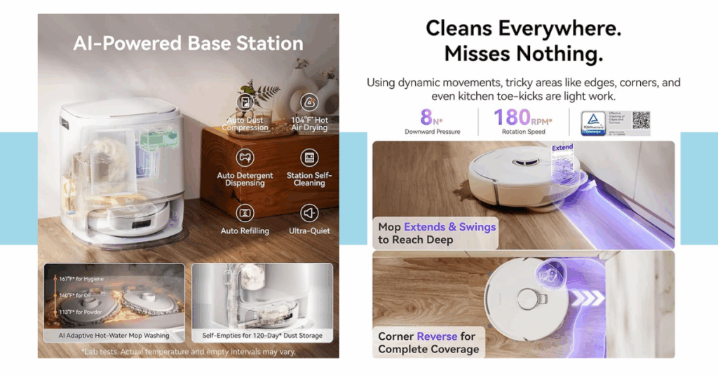 Narwal Freo Z10 robot vacuum and mop with AI-powered base station featuring hot-water mop washing, auto dust emptying, warm-air drying, and DirtSense™ smart re-mopping.