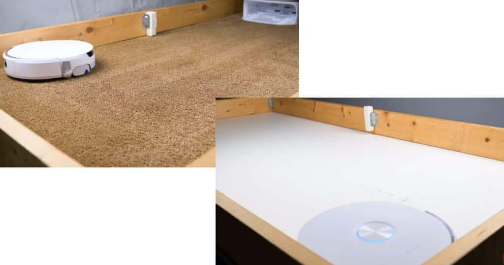 Dual brush system cleaning both hard floors and carpet during pickup performance test.