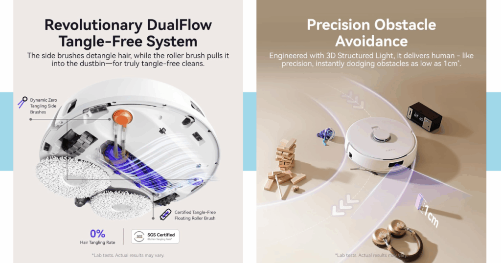 Narwal Freo Pro underside showing DualFlow Tangle-Free brush system with dual mop pads and 3D structured light obstacle avoidance for precise navigation.