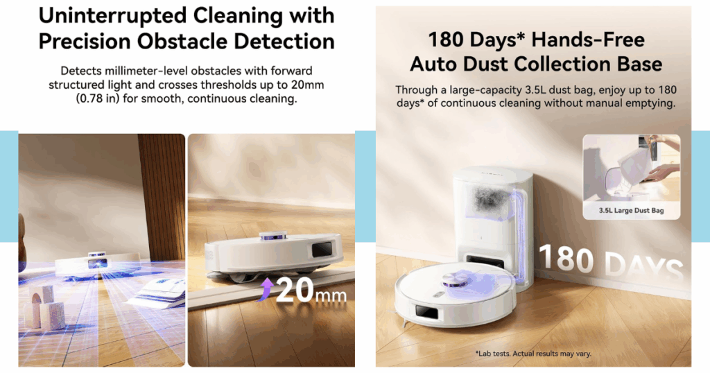 Narwal Freo S robot vacuum navigating obstacles with LiDAR and structured light, climbing a 20mm threshold, and the auto-empty dock featuring 3.5L dust bag for up to 180 days of hands-free cleaning.