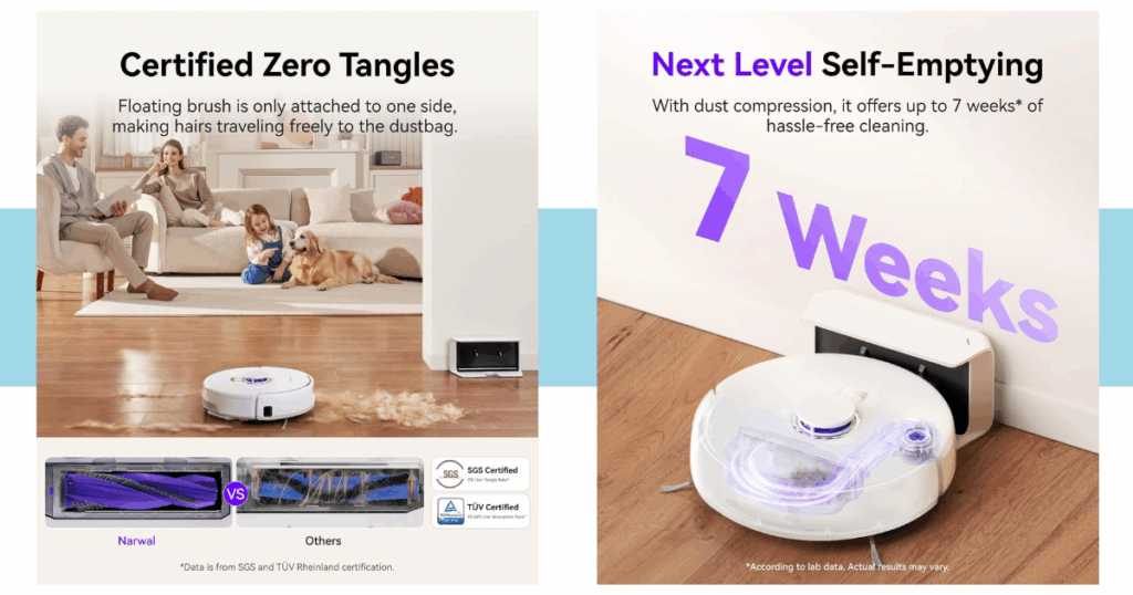Narwal Freo X Plus robot vacuum with Zero-Tangle floating brush and auto-emptying dock, offering up to 7 weeks of dust storage with compression.