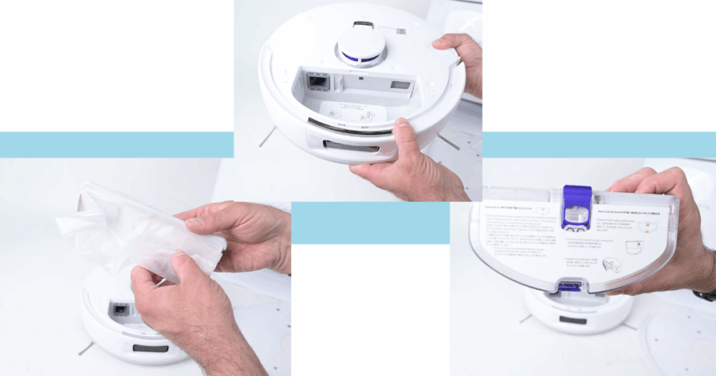 Narwal Freo X Ultra robot vacuum shown with its onboard dustbin and optional dust bag system, designed to compress debris after each run for reduced maintenance.