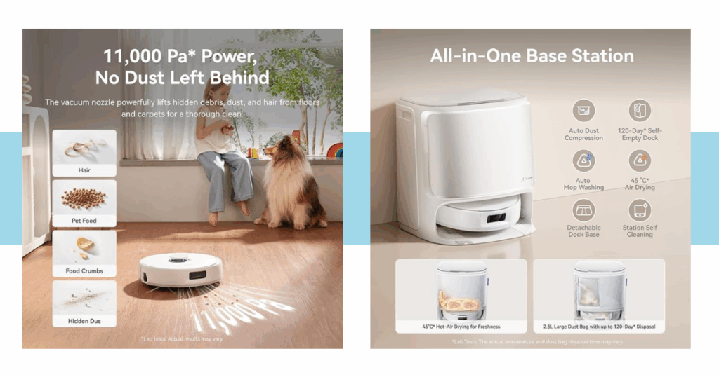 Narwal Freo X10 Pro robot vacuum and mop with 11,000 Pa suction and all-in-one base station featuring auto dust compression, mop washing, hot-air drying, and long-term self-emptying.