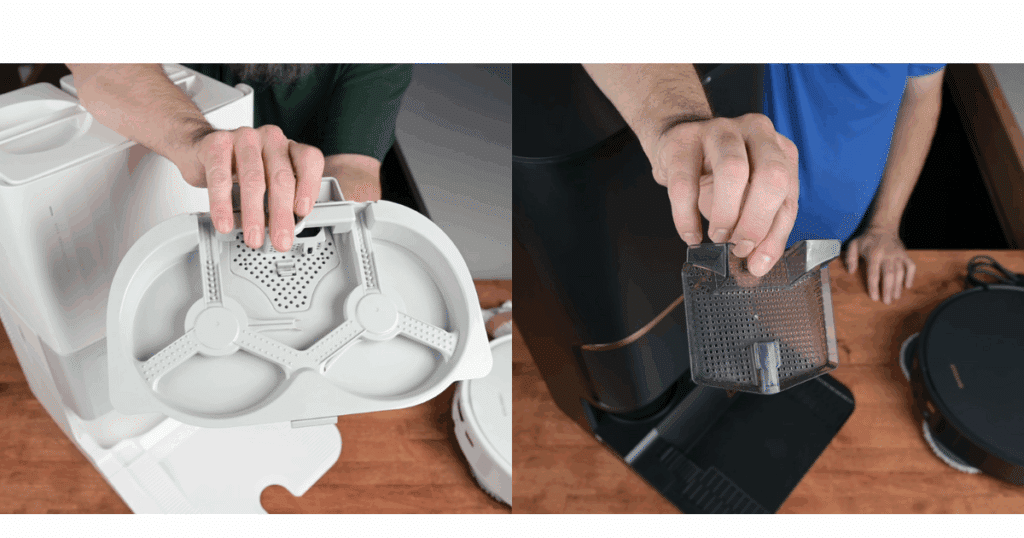 The Roborock Qrevo Edge (left) and the Dreame L50 Ultra (right) with their removable tray or tray parts removed, which is a convenient feature for dock cleaning