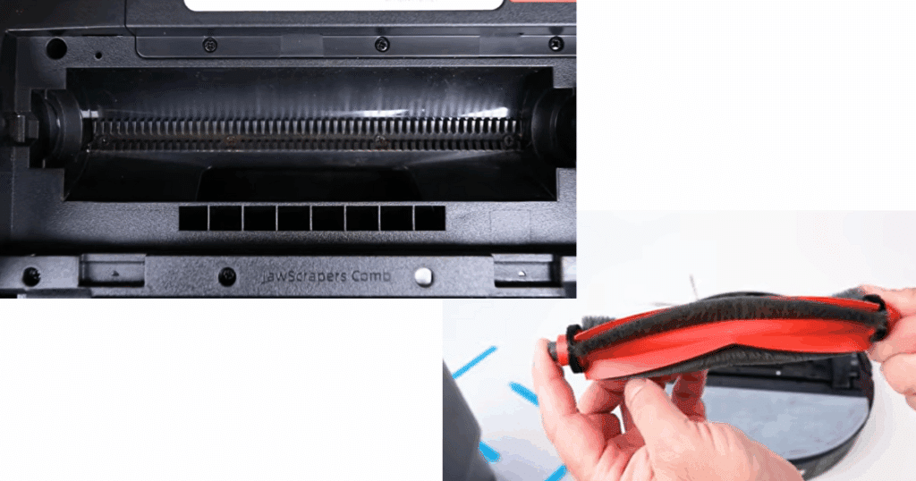 Close-up of the Roborock Q10 S5+ main brush and built-in anti-tangle comb system designed to reduce hair wrap during vacuuming.
