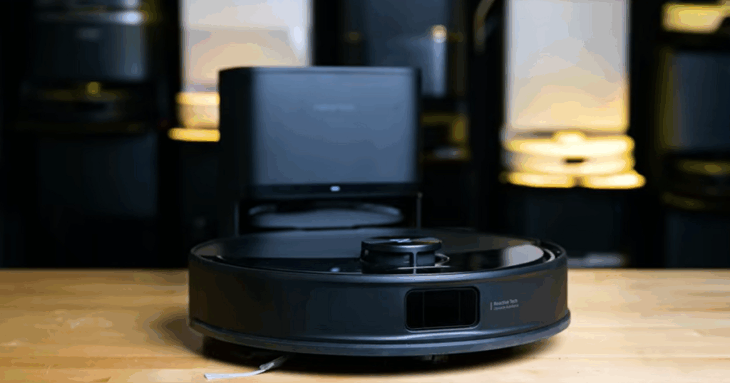Roborock Q10 S5+ robot vacuum and mop combo with LiDAR navigation and auto-empty dock shown on a wooden surface.