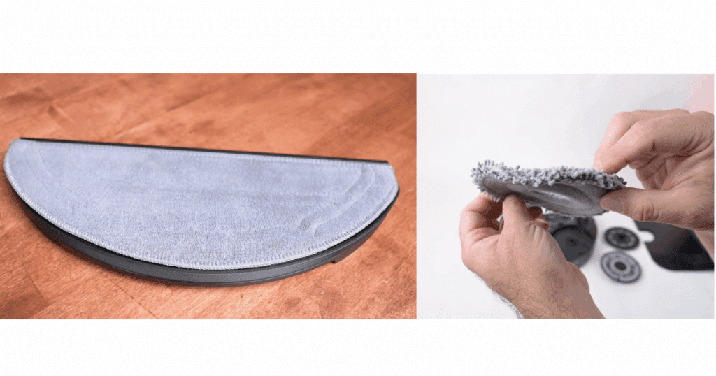 A flat mop pad and a spinning pad removed from their robots for cleaning
